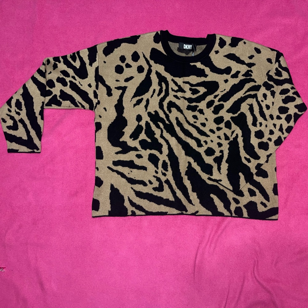 DKNY Black and Tan Animal-Print Crewneck Top